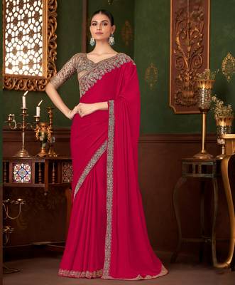 pink chiffon silk blend saree with embroidery with unstitched blouse 1