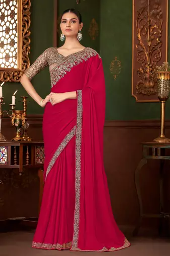 pink heavy chiffon silk blend saree with embroidery with unstitched blouse