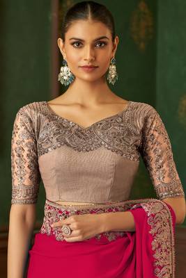 pink chiffon silk blend saree with embroidery with unstitched blouse 2