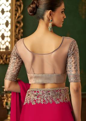 pink chiffon silk blend saree with embroidery with unstitched blouse 3