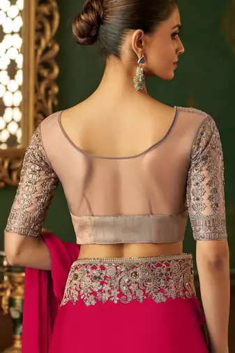 pink chiffon silk blend saree with embroidery with unstitched blouse