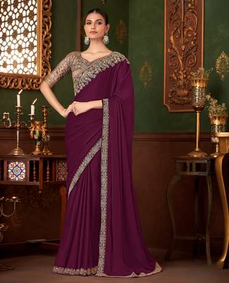 wine chiffon silk blend saree with embroidery with unstitched blouse 1
