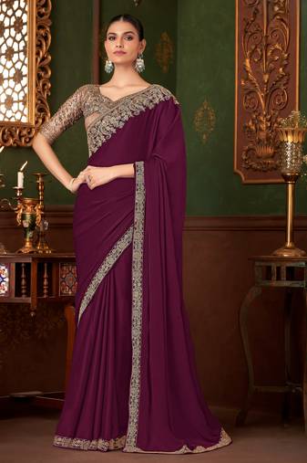 wine heavy chiffon silk blend saree with embroidery with unstitched blouse