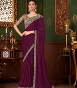 wine heavy chiffon silk blend saree with embroidery with unstitched blouse