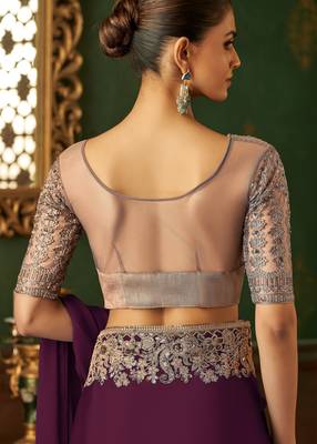 wine chiffon silk blend saree with embroidery with unstitched blouse 3