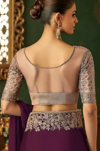 wine chiffon silk blend saree with embroidery with unstitched blouse