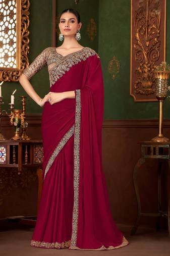 raspberry heavy chiffon silk blend saree with embroidery with unstitched blouse