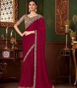 raspberry heavy chiffon silk blend saree with embroidery with unstitched blouse