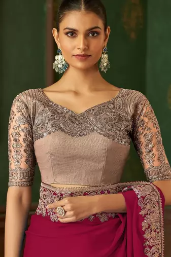 raspberry chiffon silk blend saree with embroidery with unstitched blouse