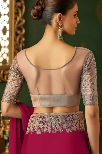 raspberry chiffon silk blend saree with embroidery with unstitched blouse