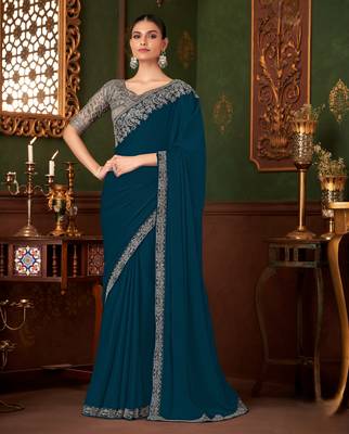 blue chiffon silk blend saree with embroidery with unstitched blouse 1