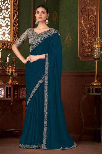 blue heavy chiffon silk blend saree with embroidery with unstitched blouse