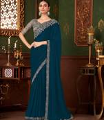 blue heavy chiffon silk blend saree with embroidery with unstitched blouse