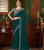 seagreen heavy chiffon silk blend saree with embroidery with unstitched blouse