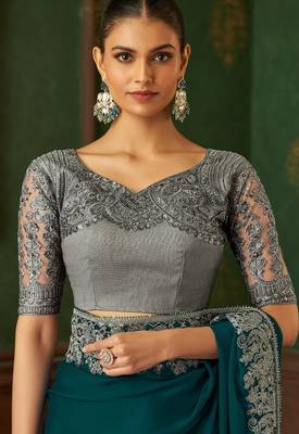 seagreen chiffon silk blend saree with embroidery with unstitched blouse 2