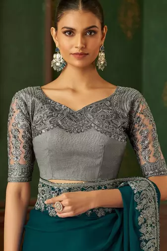 seagreen chiffon silk blend saree with embroidery with unstitched blouse