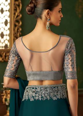 seagreen chiffon silk blend saree with embroidery with unstitched blouse 3