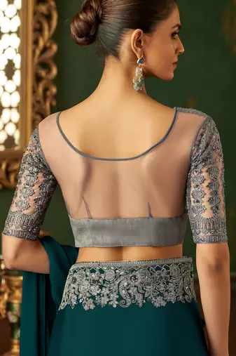 seagreen chiffon silk blend saree with embroidery with unstitched blouse