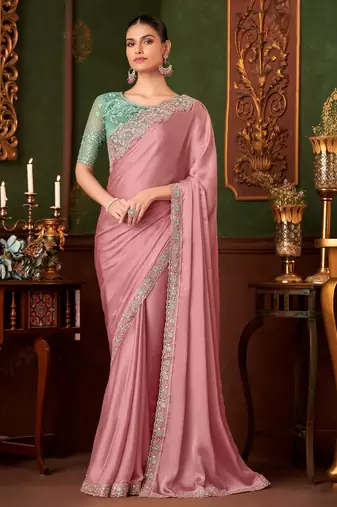 pink heavy chiffon silk blend saree with embroidery with unstitched blouse
