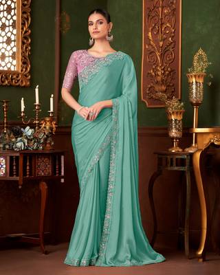 seagreen chiffon silk blend saree with embroidery with unstitched blouse 1