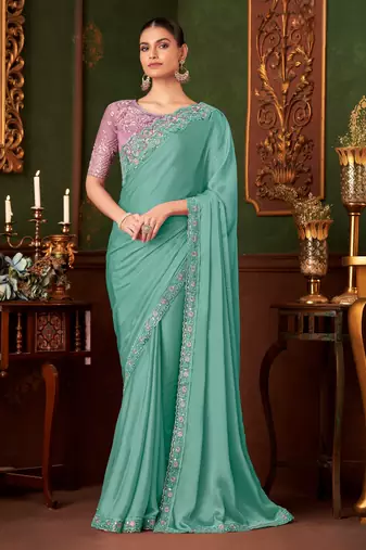 seagreen heavy chiffon silk blend saree with embroidery with unstitched blouse