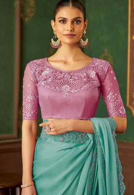 seagreen chiffon silk blend saree with embroidery with unstitched blouse 2