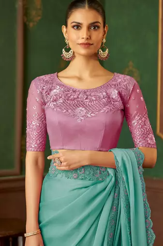seagreen chiffon silk blend saree with embroidery with unstitched blouse
