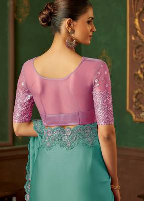 seagreen chiffon silk blend saree with embroidery with unstitched blouse 3