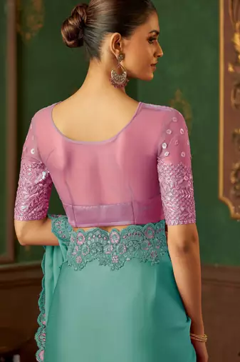 seagreen chiffon silk blend saree with embroidery with unstitched blouse