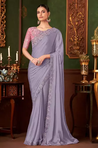 lavendor heavy chiffon silk blend saree with embroidery with unstitched blouse