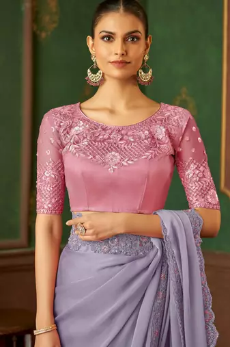 lavendor chiffon silk blend saree with embroidery with unstitched blouse