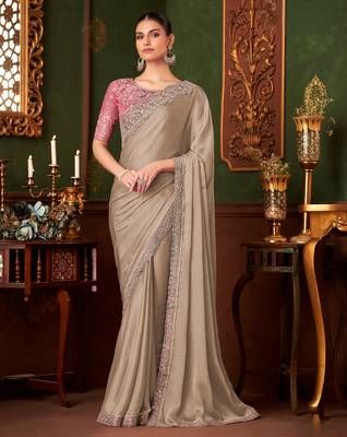 light brown chiffon silk blend saree with embroidery with unstitched blouse 1