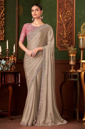 light brown heavy chiffon silk blend saree with embroidery with unstitched blouse