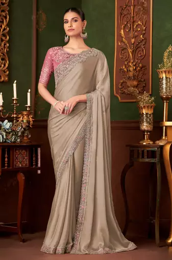 light brown heavy chiffon silk blend saree with embroidery with unstitched blouse