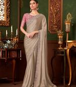 light brown heavy chiffon silk blend saree with embroidery with unstitched blouse