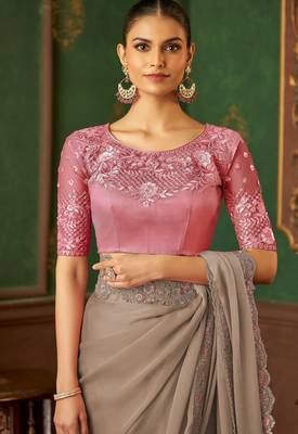 light brown chiffon silk blend saree with embroidery with unstitched blouse 2