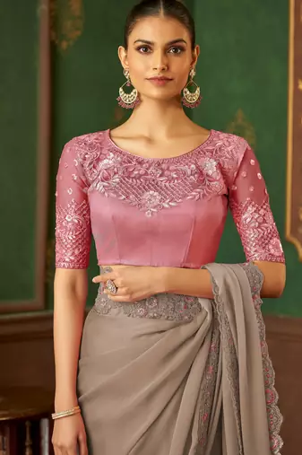 light brown chiffon silk blend saree with embroidery with unstitched blouse