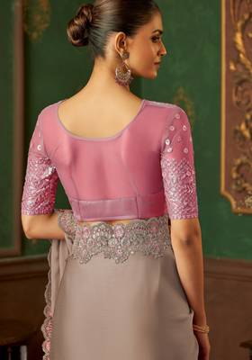 light brown chiffon silk blend saree with embroidery with unstitched blouse 3