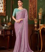 purple heavy chiffon silk blend saree with embroidery with unstitched blouse