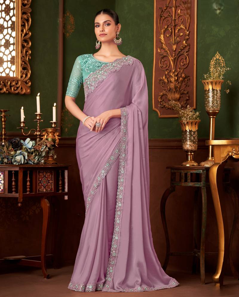 purple heavy chiffon silk blend saree with embroidery with unstitched blouse