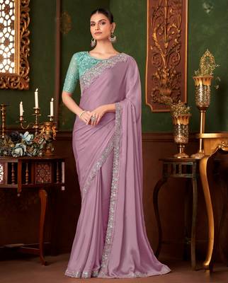 purple chiffon silk blend saree with embroidery with unstitched blouse 2