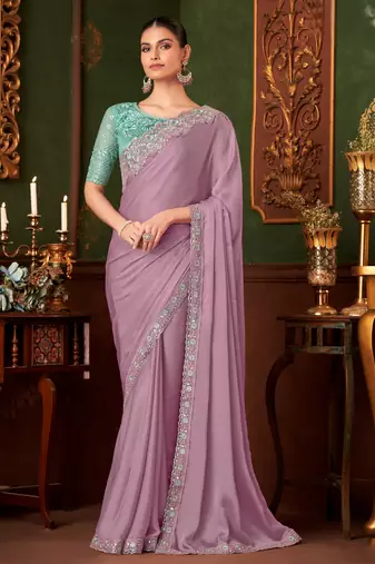 purple chiffon silk blend saree with embroidery with unstitched blouse