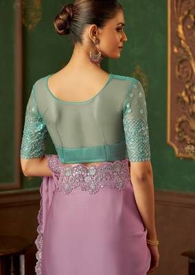 purple chiffon silk blend saree with embroidery with unstitched blouse 3