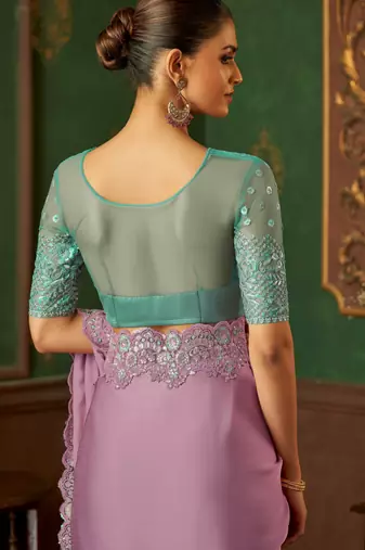 purple chiffon silk blend saree with embroidery with unstitched blouse