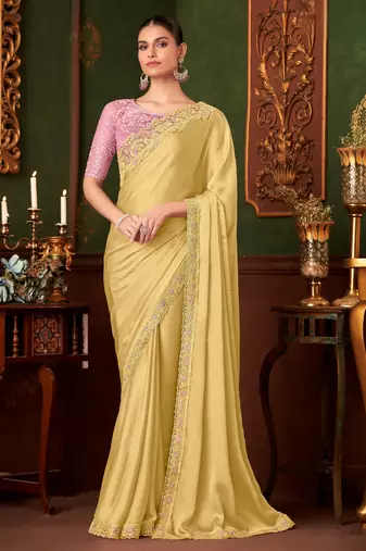yellow heavy chiffon silk blend saree with embroidery with unstitched blouse