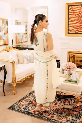 Ivory Sleeveless Georgette Kurti Pant Dupatta Set Embroidered Salwar Suit Festival Wear Dress
