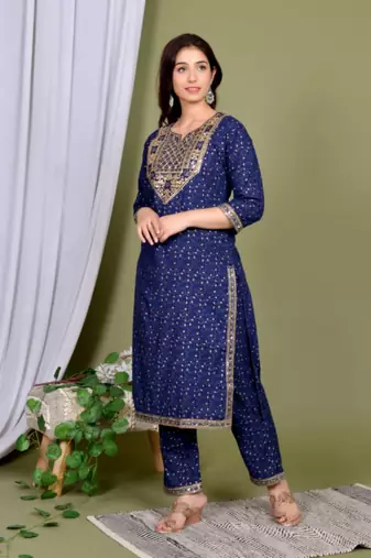 Blue embroidered Kurti Pant Set