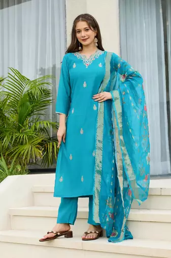 Women Gorgeous Viscose Fabric Embroidery Work Straight Kurta, Pant and Dupatta Set