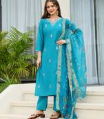 Women Gorgeous Viscose Fabric Embroidery Work Straight Kurta, Pant and Dupatta Set