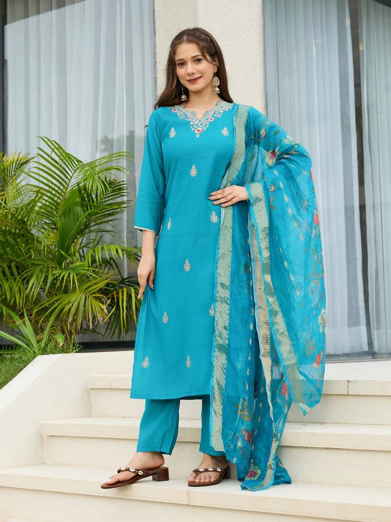 Women Gorgeous Viscose Fabric Embroidery Work Straight Kurta, Pant and Dupatta Set